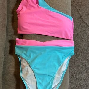 Two-Tone Pink and Aqua One-Shoulder Bikini Set